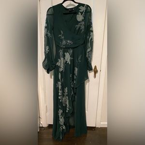 ASOS DESIGN Tall wrap maxi dress with satin applique floral in forest green